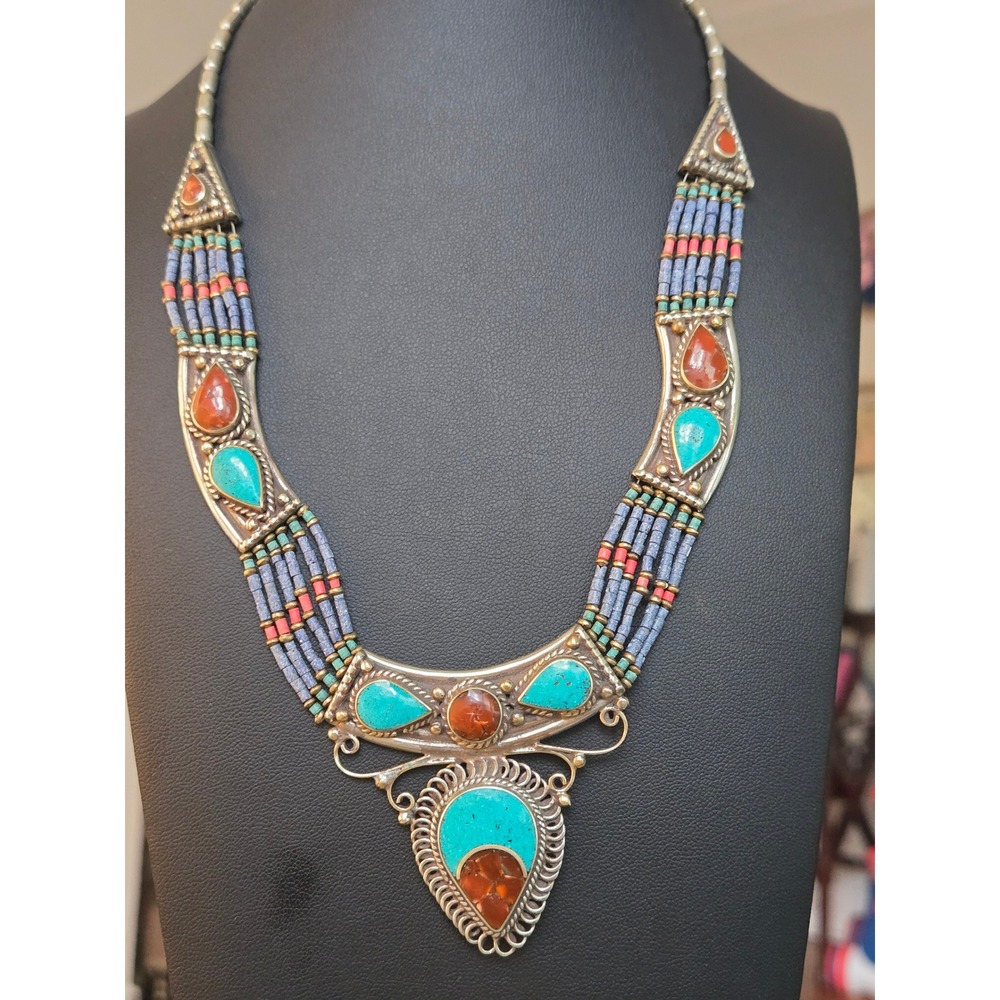 Nepali Tibetan Beautiful Design Necklace Turquoise Coral Stone Vintage Artisan